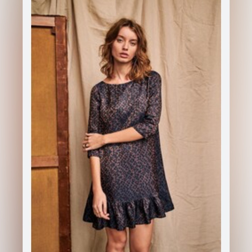 Sezane Robe Auberie Jacquard Leopard Blue Ruffled Hem Shift Dress size 36 (4) - Picture 7 of 12
